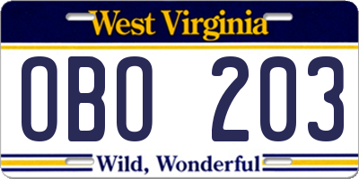 WV license plate OBO203