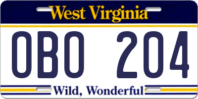 WV license plate OBO204