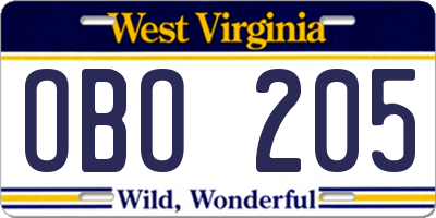 WV license plate OBO205