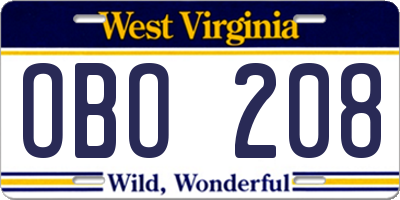 WV license plate OBO208