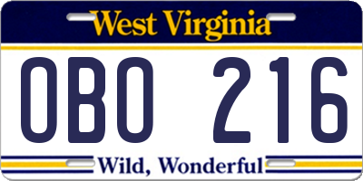 WV license plate OBO216