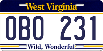 WV license plate OBO231