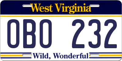 WV license plate OBO232