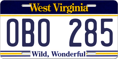 WV license plate OBO285