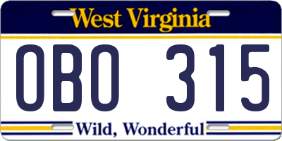 WV license plate OBO315