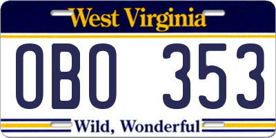 WV license plate OBO353