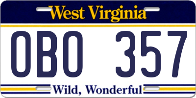 WV license plate OBO357