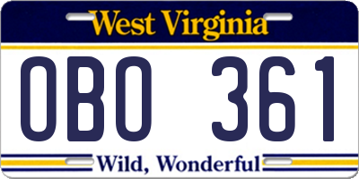 WV license plate OBO361