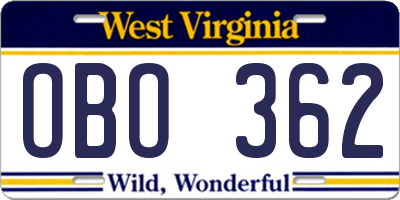 WV license plate OBO362