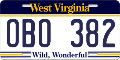 WV license plate OBO382