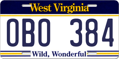 WV license plate OBO384