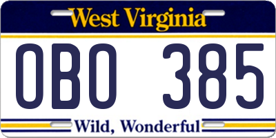 WV license plate OBO385