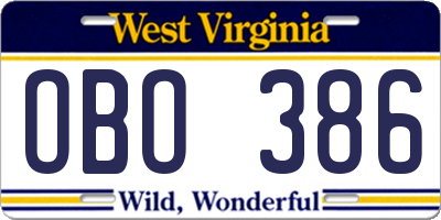 WV license plate OBO386