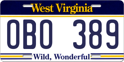 WV license plate OBO389