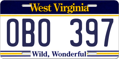 WV license plate OBO397