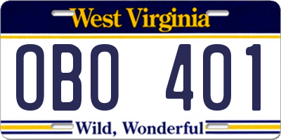 WV license plate OBO401