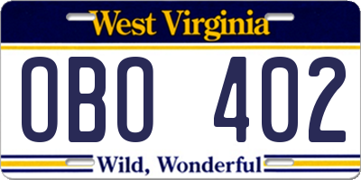 WV license plate OBO402
