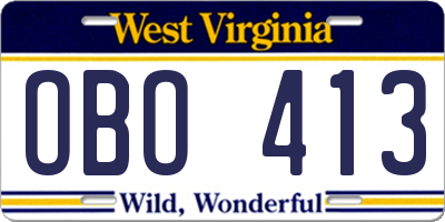 WV license plate OBO413