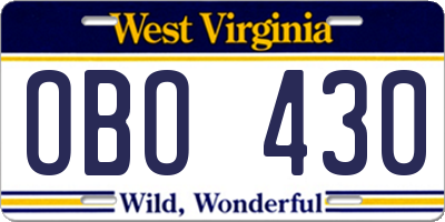 WV license plate OBO430