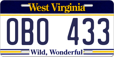 WV license plate OBO433