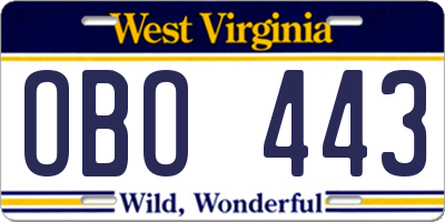 WV license plate OBO443
