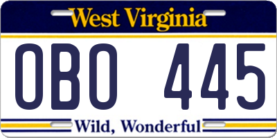 WV license plate OBO445