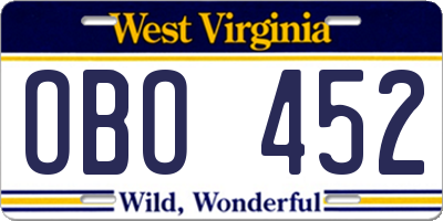 WV license plate OBO452