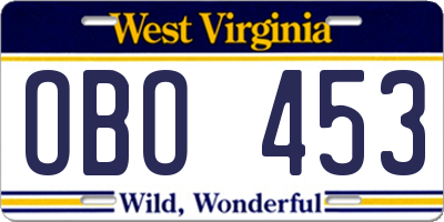 WV license plate OBO453