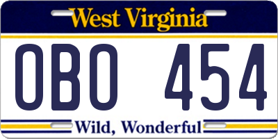 WV license plate OBO454