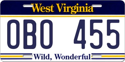 WV license plate OBO455
