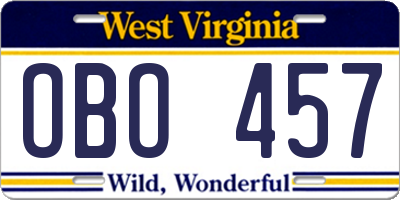 WV license plate OBO457