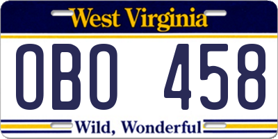 WV license plate OBO458
