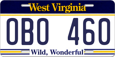 WV license plate OBO460