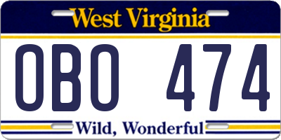 WV license plate OBO474