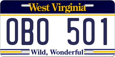 WV license plate OBO501
