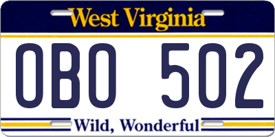 WV license plate OBO502