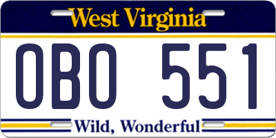 WV license plate OBO551