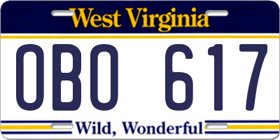 WV license plate OBO617