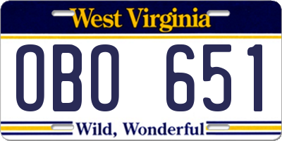 WV license plate OBO651