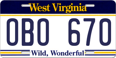WV license plate OBO670
