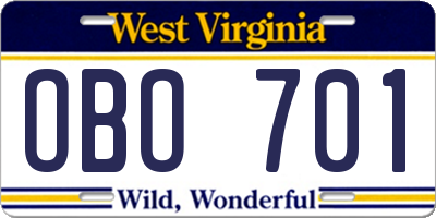 WV license plate OBO701