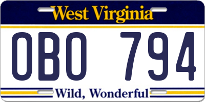 WV license plate OBO794
