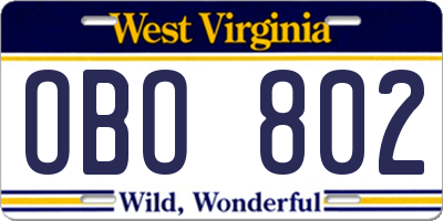 WV license plate OBO802