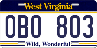 WV license plate OBO803
