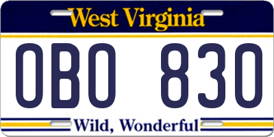 WV license plate OBO830