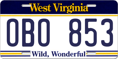 WV license plate OBO853