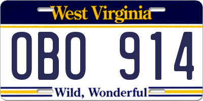 WV license plate OBO914