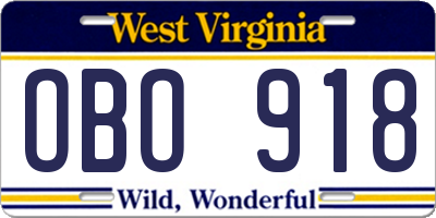 WV license plate OBO918