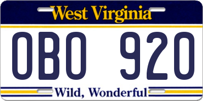 WV license plate OBO920