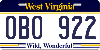WV license plate OBO922